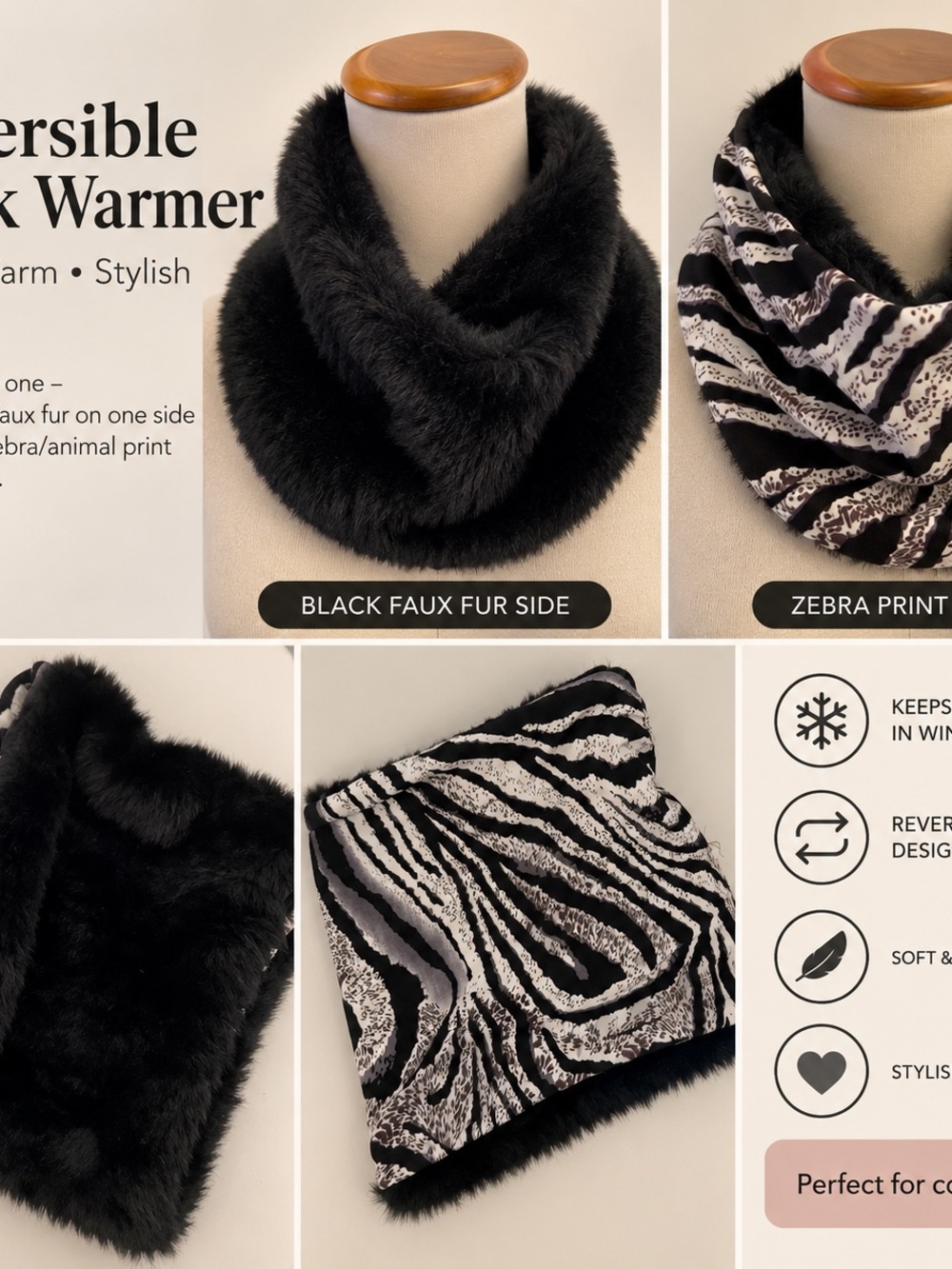 Reversible Black Faux Fur and Zebra Print Neck Warmer